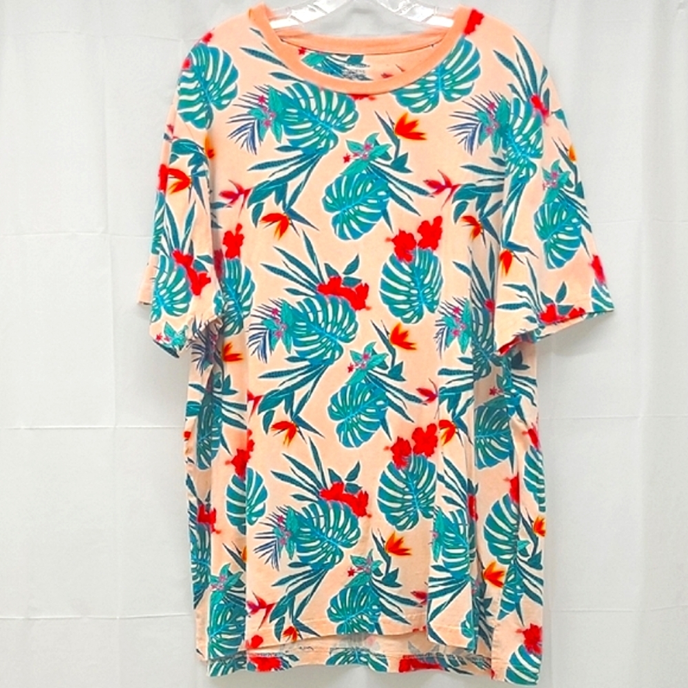 Tropical T-shirt Tunic Short Sleeve Crew Pastel Peach Green Pink Hibiscus Beachy